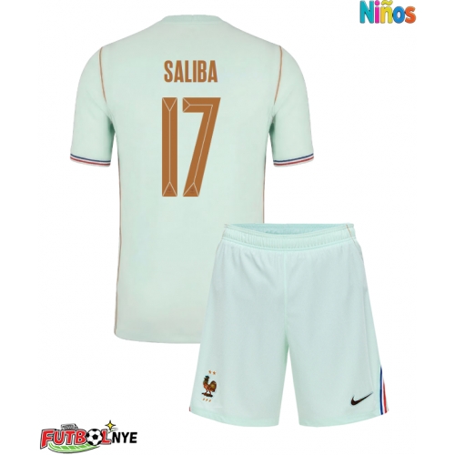 Camiseta Francia William Saliba #17 Visitante Equipación para niños Mundial 2026 manga corta (+ pantalones cortos)